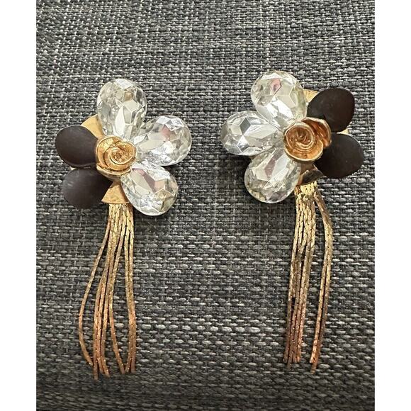 Mixed Media Earrings 3D Flower Black Crystal Gold Tone Stud Back Statement - Picture 1 of 4
